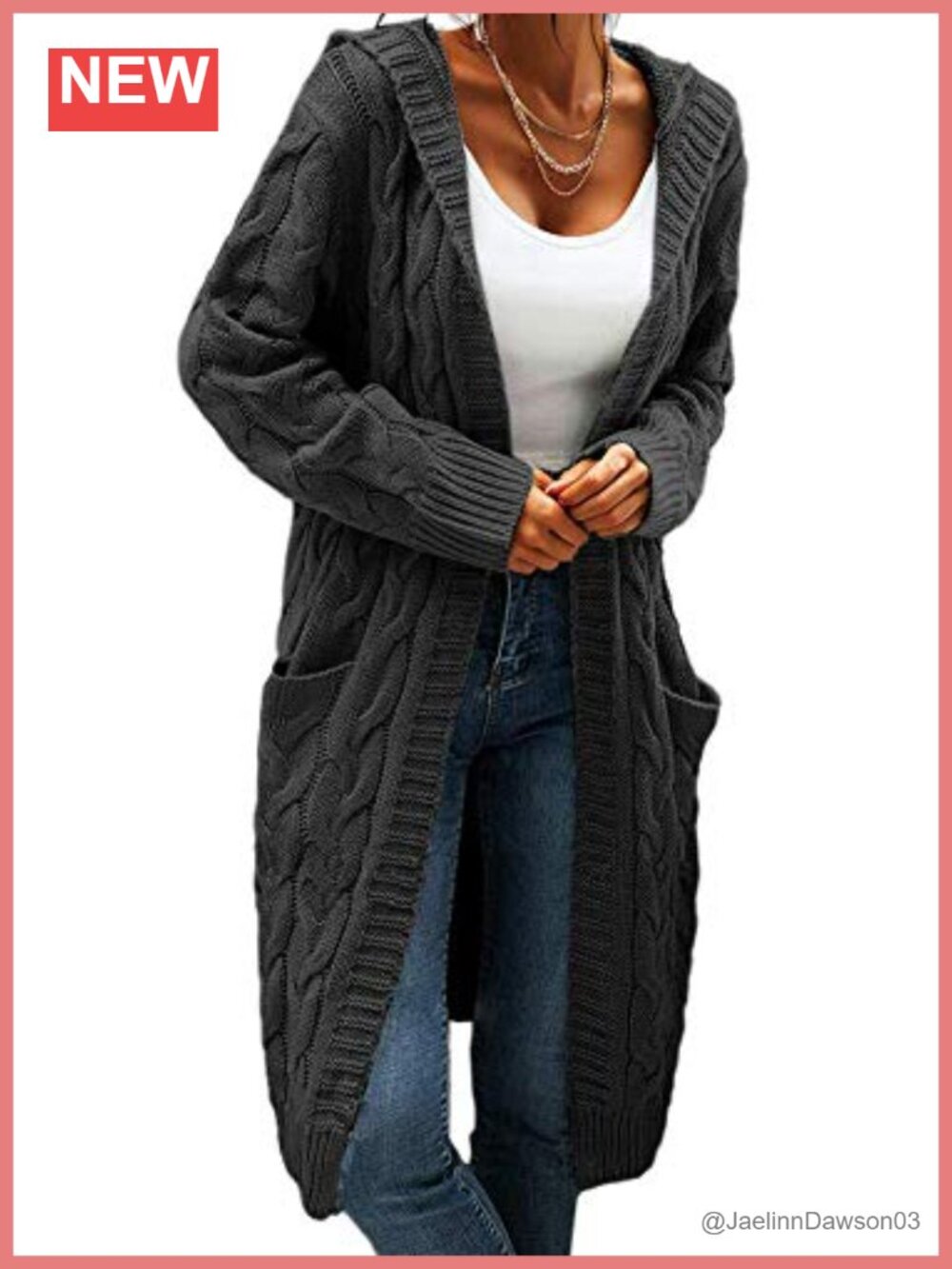 Women's Hooded Open Front Cable Knit Chunky Long Cardigan Sweater Coat